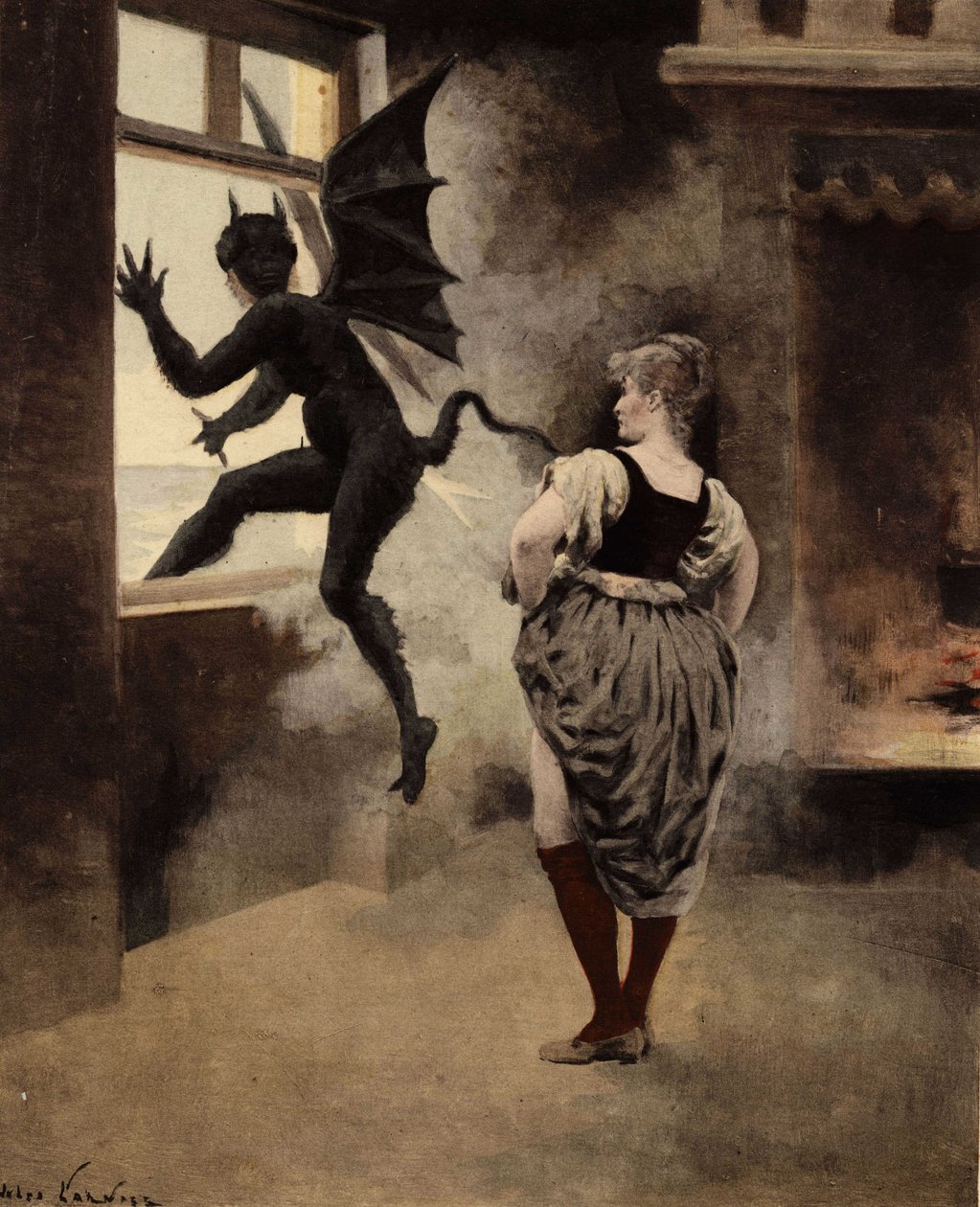 Une vieille femme de Papefiguiere effrayant le Diable qui sort de la fenêtre. Pantagruel. Illustration de Jules Garnier. Dans "Rabelais et l