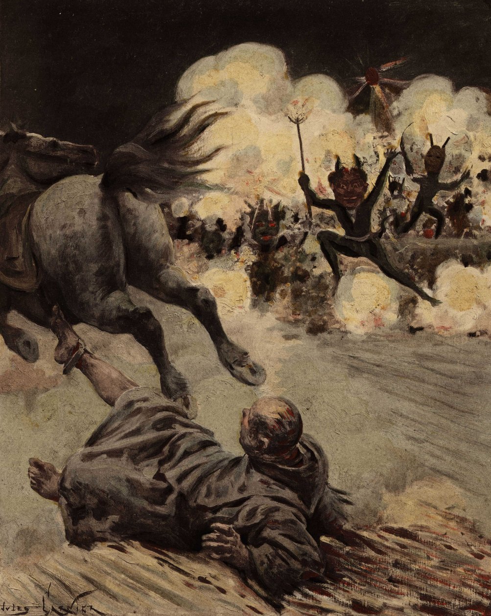 Frère Etienne Tappecoue se vide de son cheval après avoir été affligé par des villageois déguisés en Diable. Pantagruel. llustration de Jules Garnier. Dans "Rabelais et l