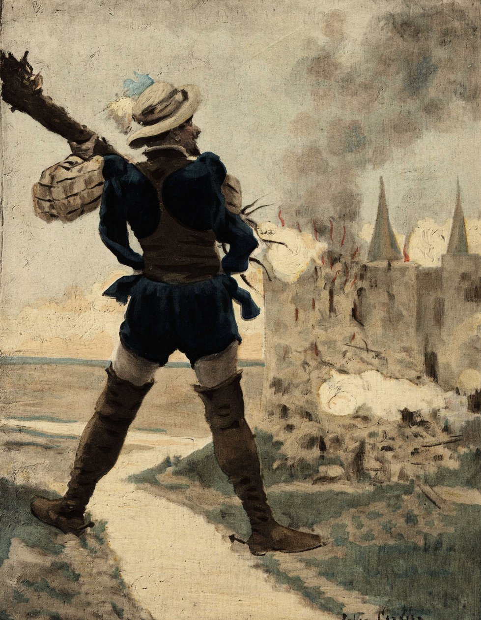 Gargantua détruisant le château de la Gue de Vede avec un arbre. Gargantua. Illustration de Jules Garnier. Dans "Rabelais et l