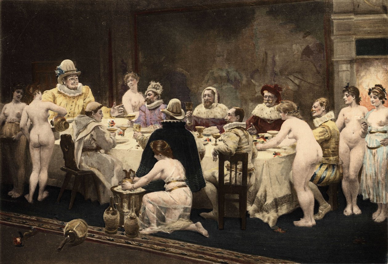 Pantagruel, Panurge, Frère Jean et Epistmon lors du dîner organisé par Homenas, eveque de Papimanes, habitants de l