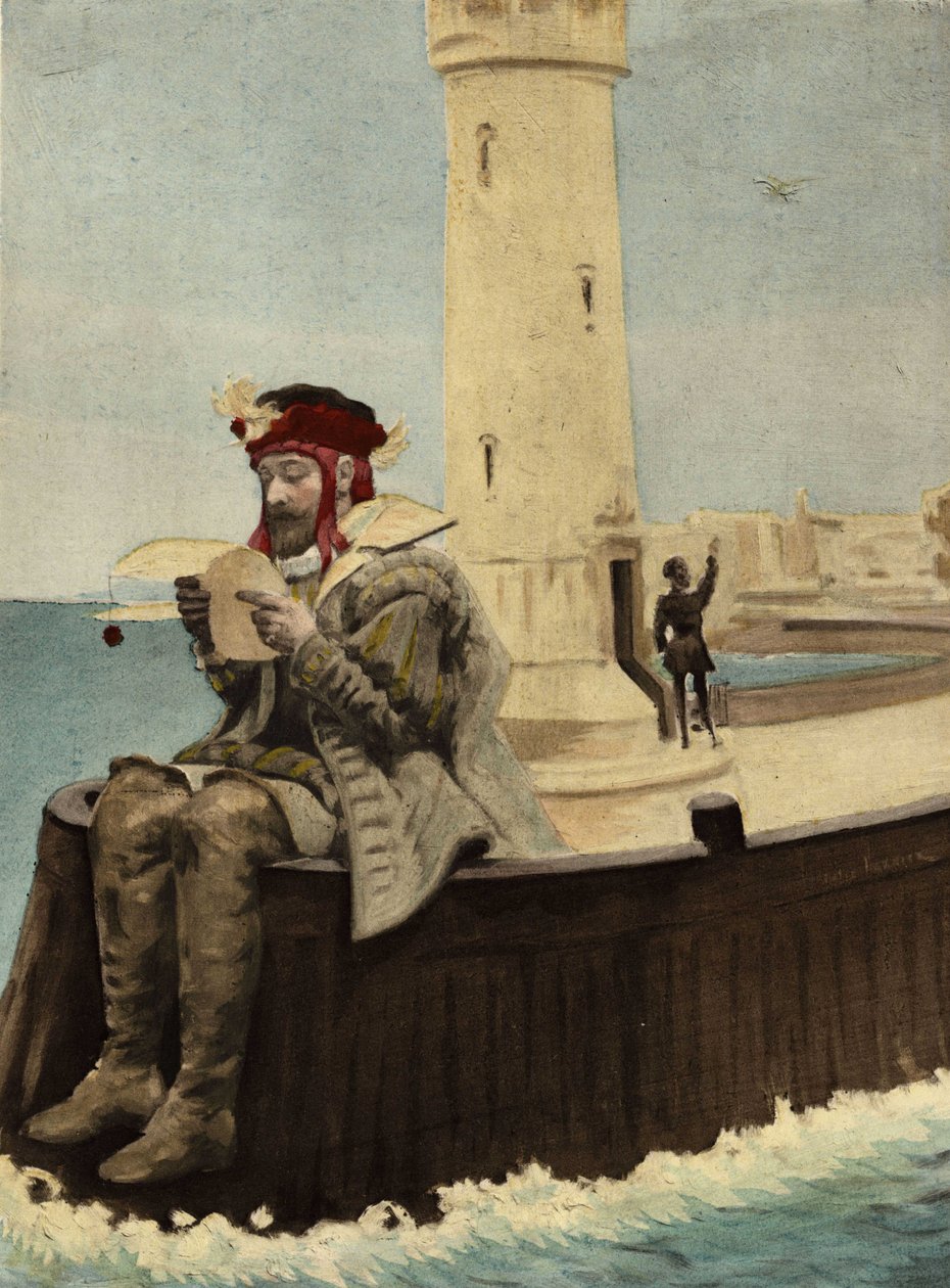 Pantagruel lisant une lettre de son père Gargantua assis près du phare de l