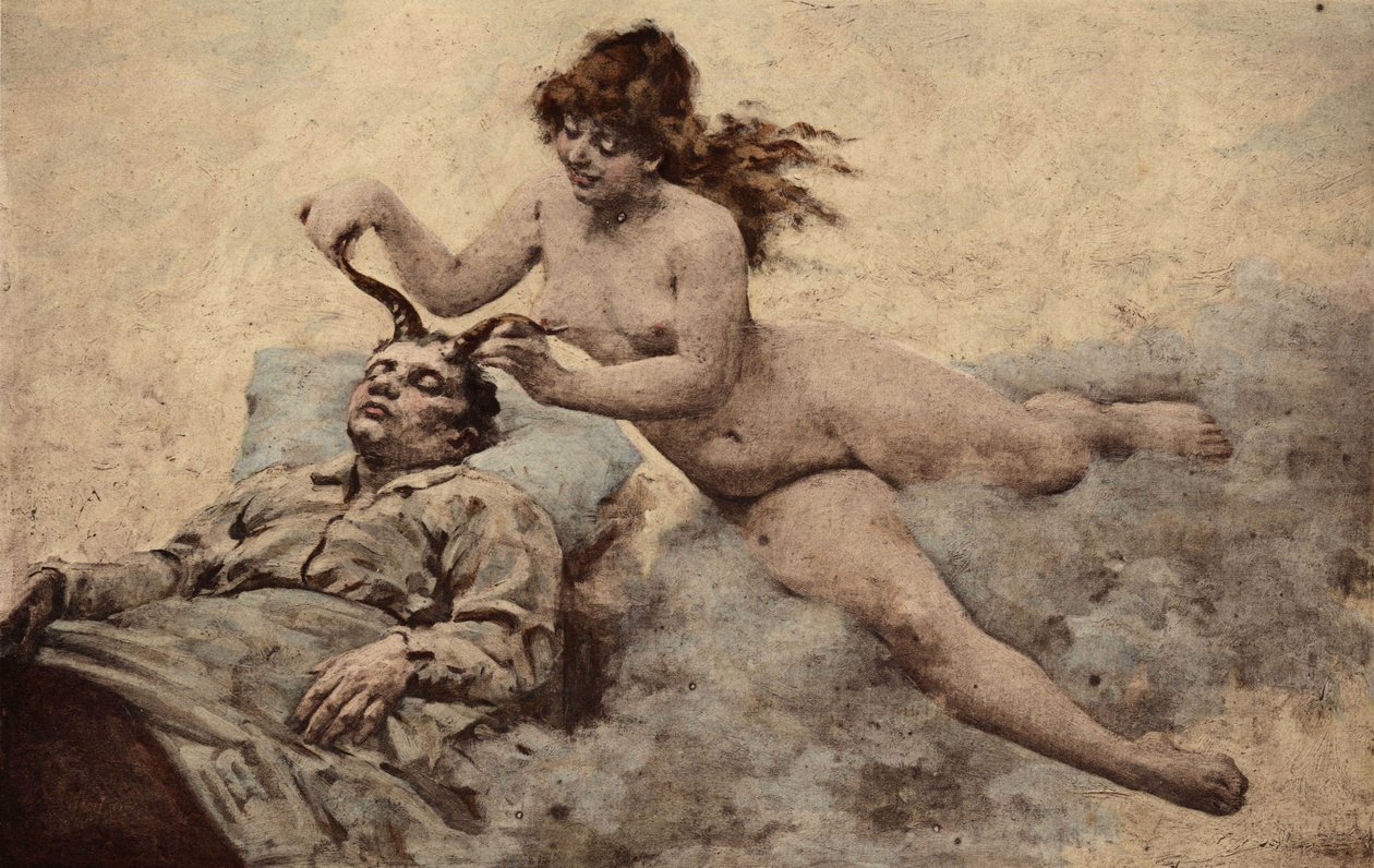 Rêve de Panurge : une femme vient lui planter deux cornes sur la tête. Pantagruel. Illustration de Jules Garnier. Dans "Rabelais et l