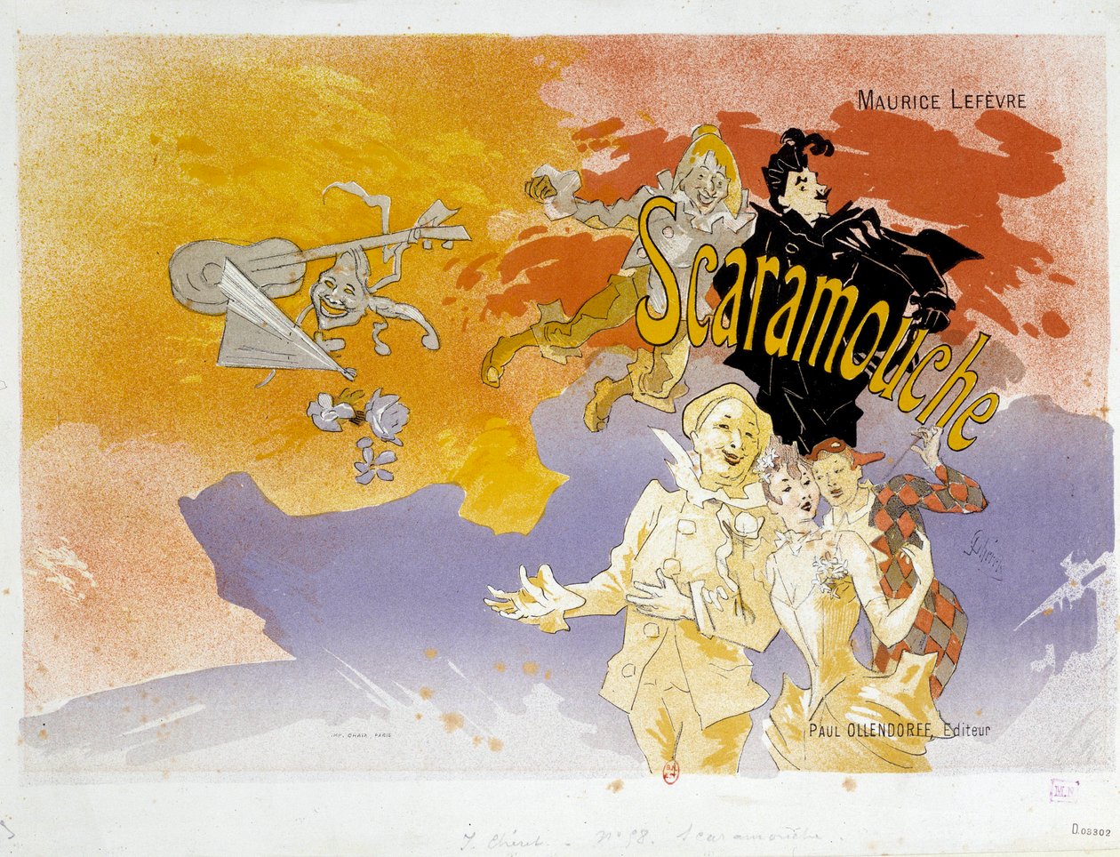 Couverture du livre Scaramouche par Maurice Lefevre. Illustration de Jules Chéret (1836-1932) 1891 Paris, B.N. - Jules Cheret