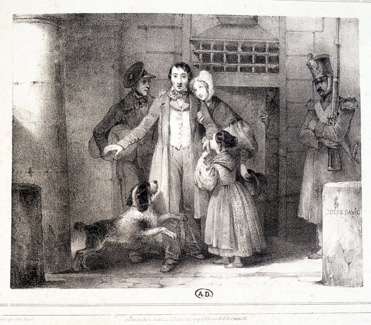 Homme quittant la prison et retrouvé avec sa famille, vers 1830. - Jules David