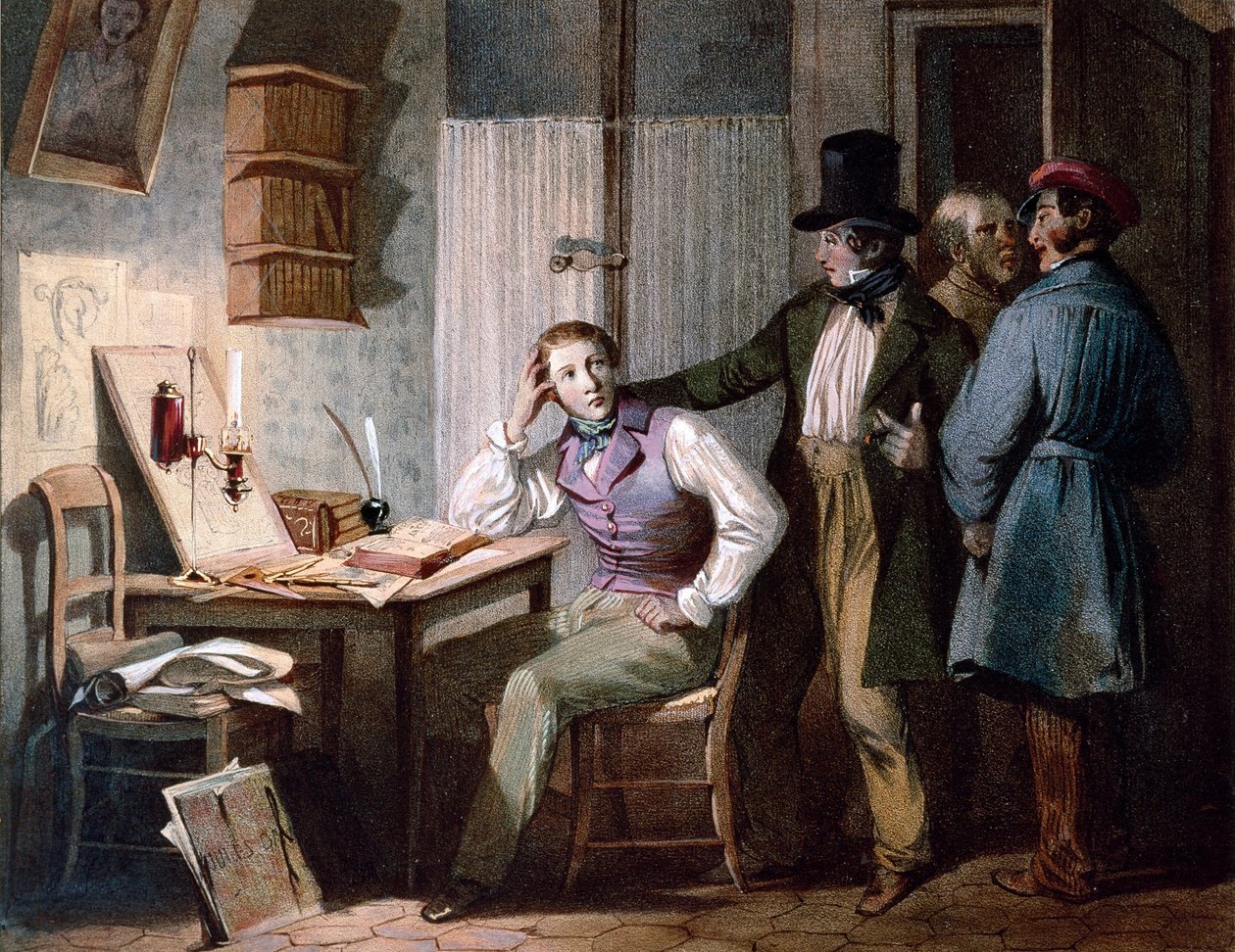 Étude. Un étudiant studieux à son bureau reste au travail pendant que ses amis sortent. Gravure en couleur de Jules David (19e siècle). Paris, Musée Carnavalet - Jules David