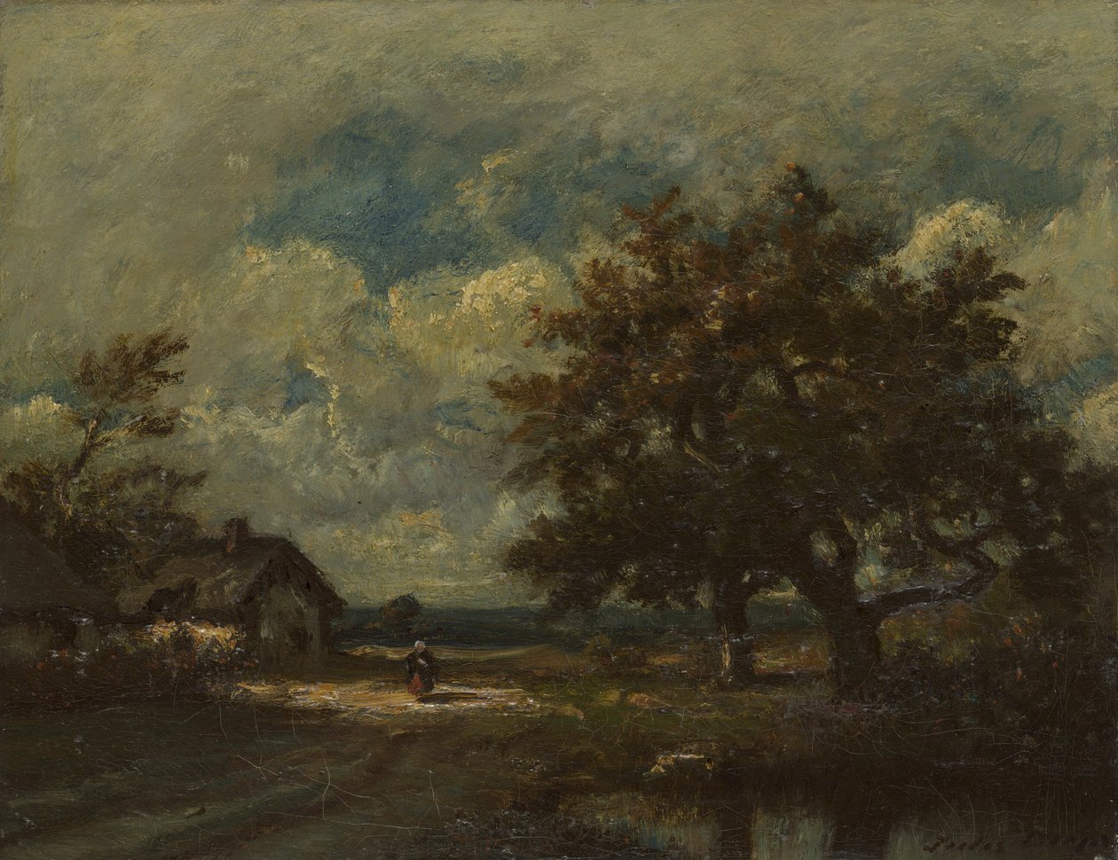 Le cottage au bord de la route, ciel orageux - Jules Dupré