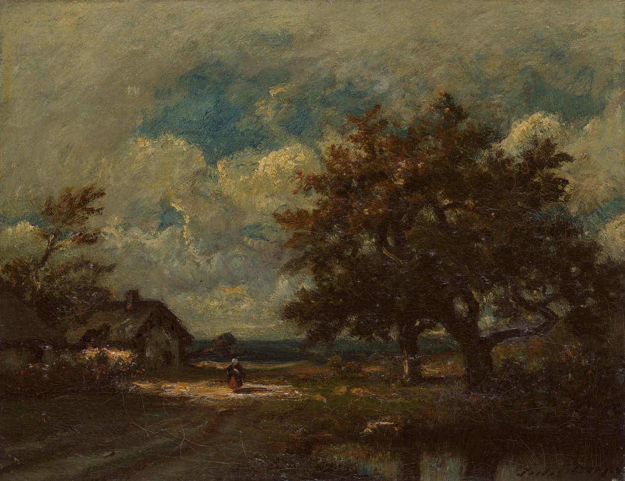 Le cottage au bord de la route, ciel orageux - Jules Dupré