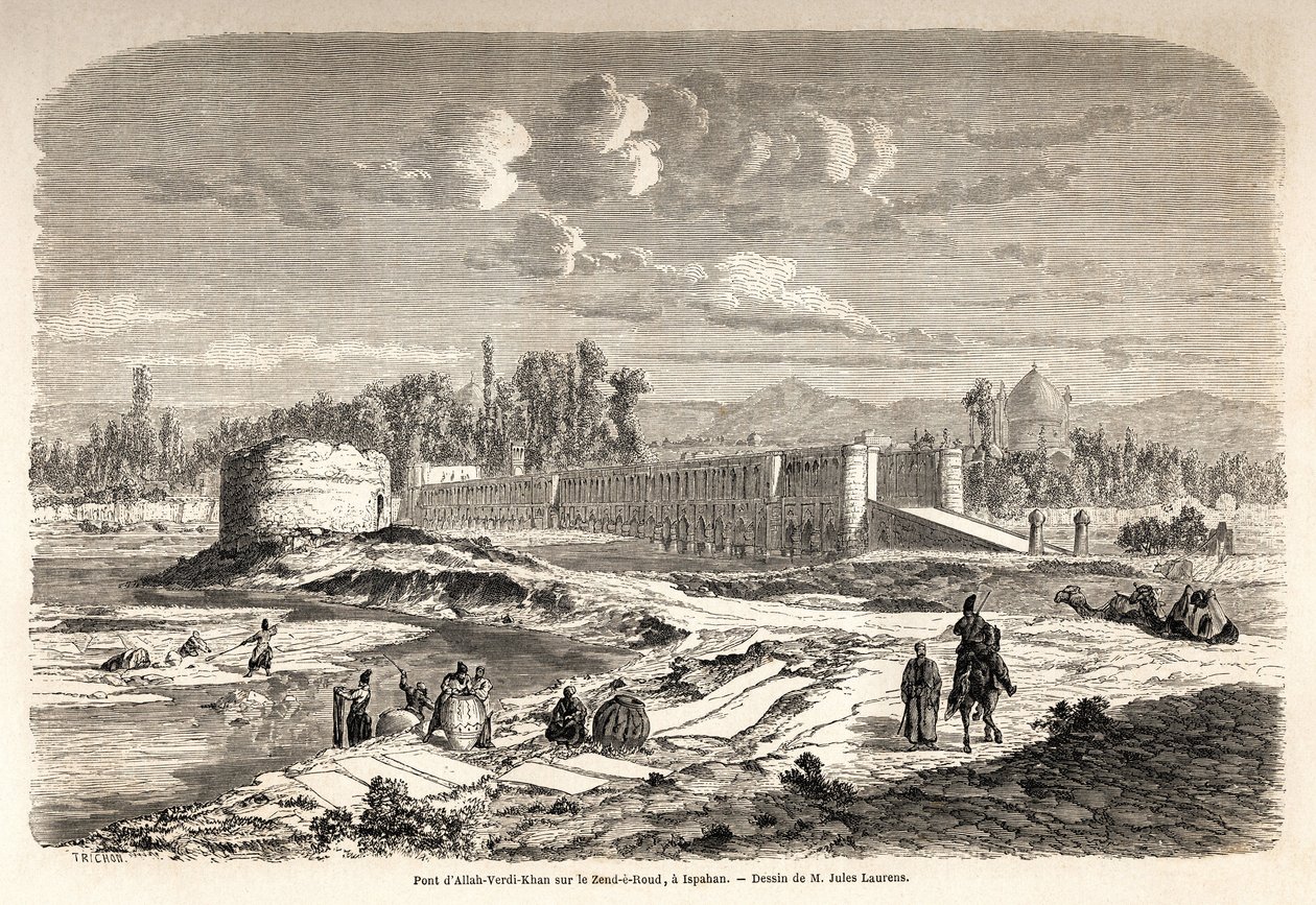 Le pont Allah Verdi Kahn, érigé vers 1608, à Ispahan (Iran), est à la fois un point de passage pour traverser la rivière Zend e Roud, mais aussi un barrage pour réguler le cours de la rivière, avec un Talar, ou kiosque de miroirs, où le souverain persan po - Jules Joseph Augustin Laurens