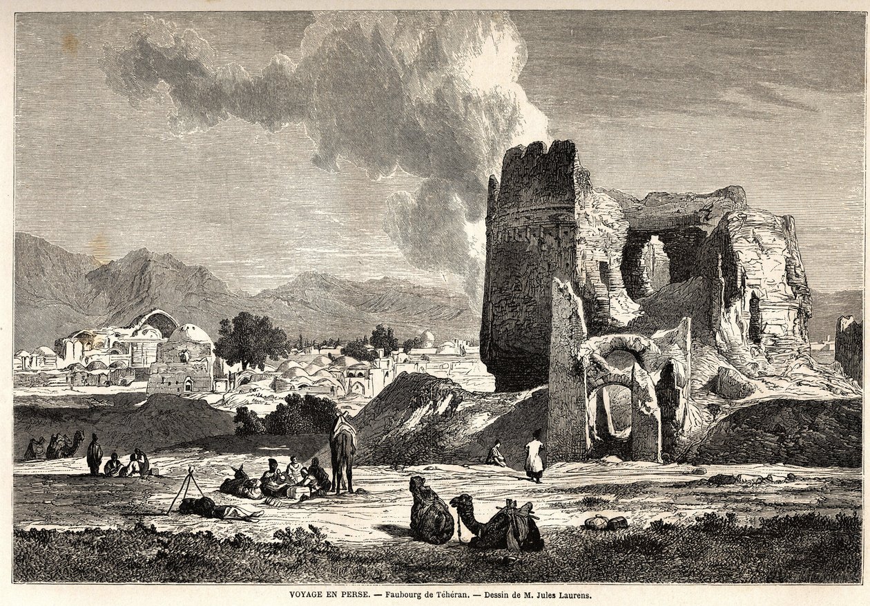 Les faubourgs de Téhéran (Iran actuel). Dessin de Jules Laurens (1825-1901), pour illustrer le voyage d