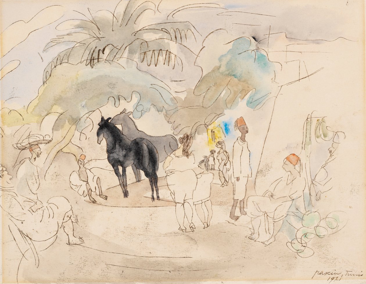 Figures et deux chevaux dans le paysage - Jules Pascin