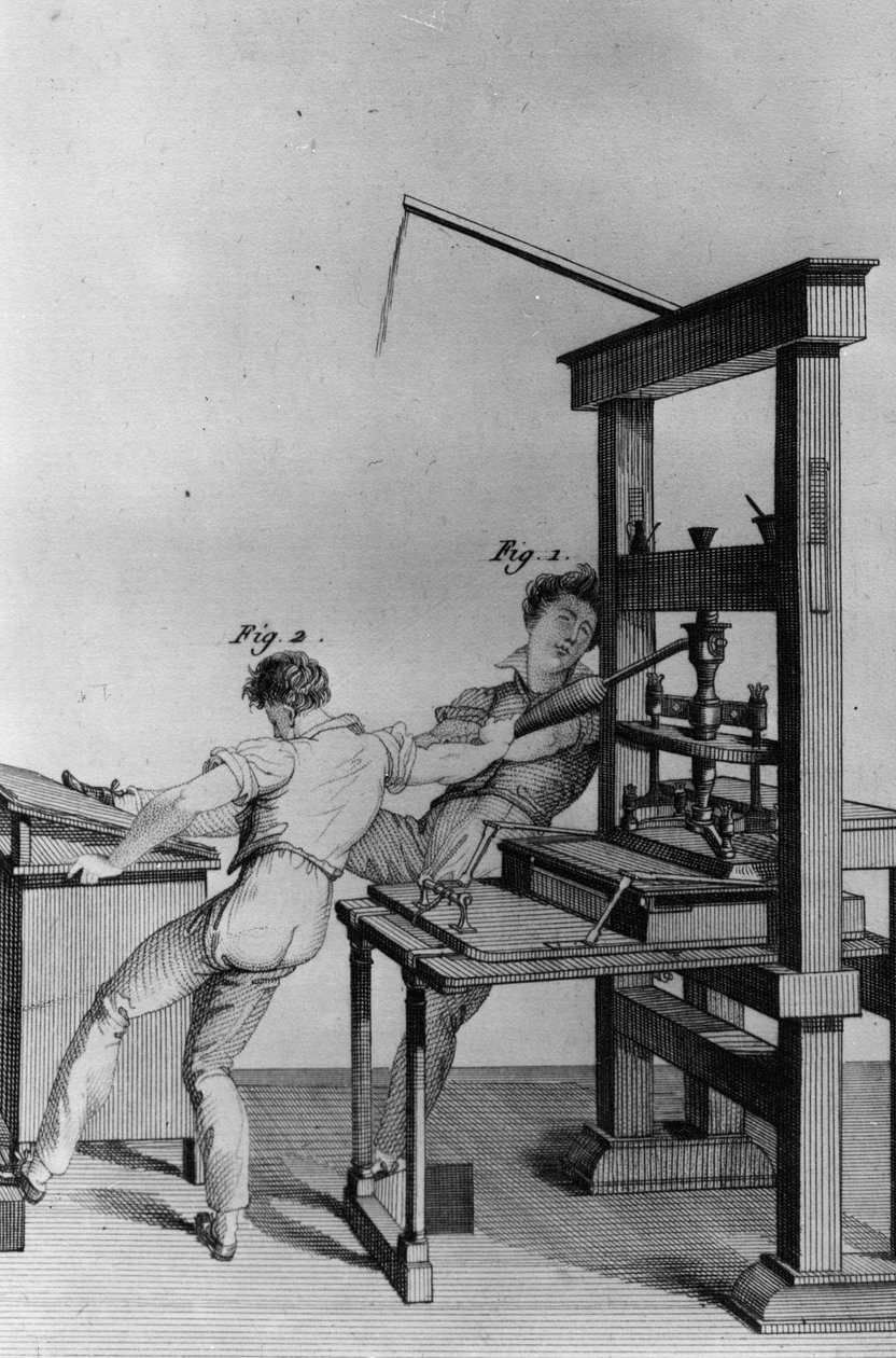 Jeunes aveugles travaillant à une presse à imprimer, illustration de 