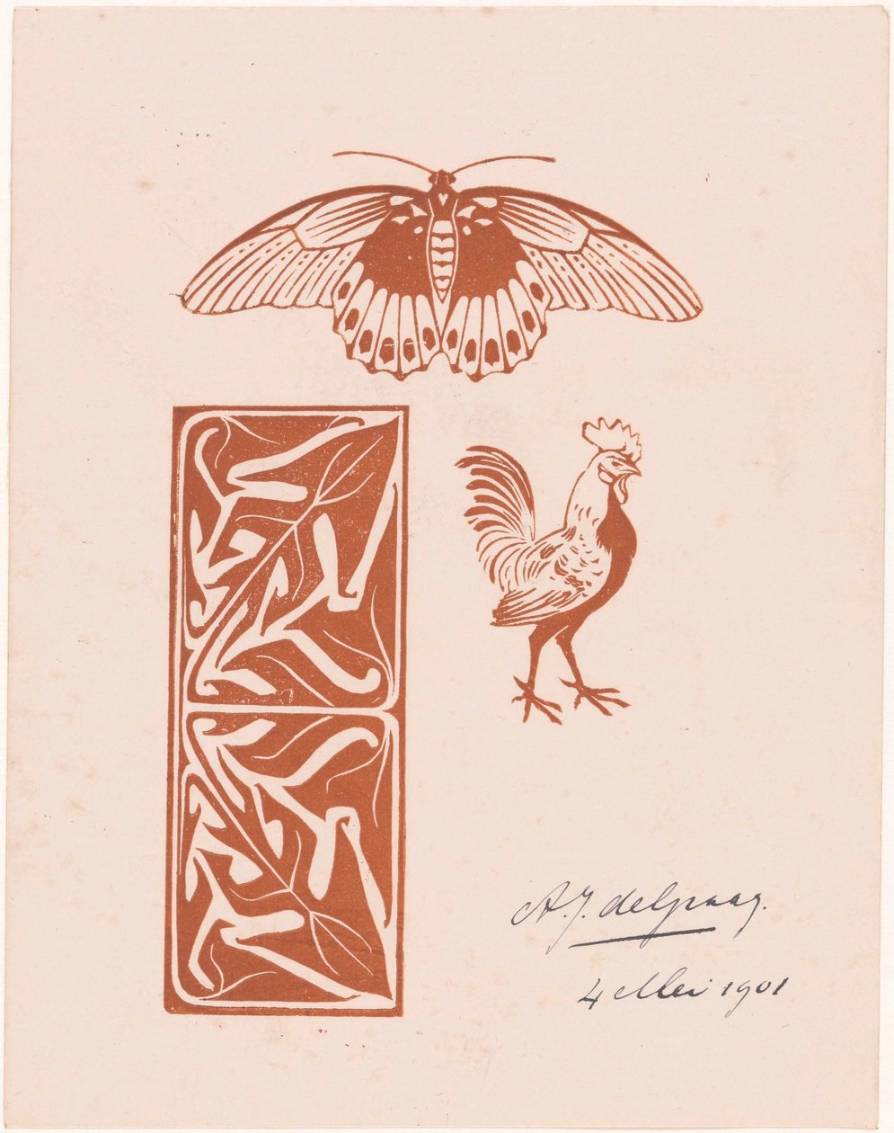 Papillon, coq et feuillage - Julie de Graag (signed by artist)