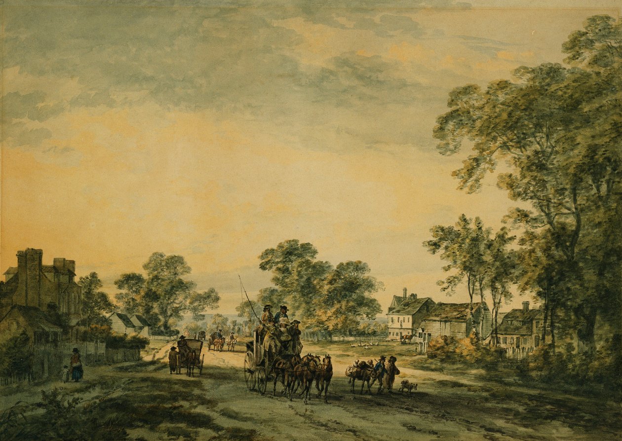 Un carrosse et des figures sur une route de campagne ouverte - Julius Caesar Ibbetson