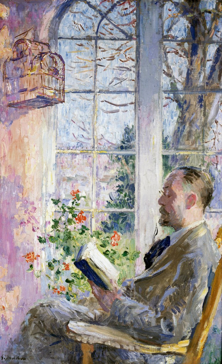 "Dans la veranda" Un homme lisant un livre, une cage avec un oiseau est suspendue. Peinture de Julius Gari Melchers (1860-1932) - Julius Gari Melchers