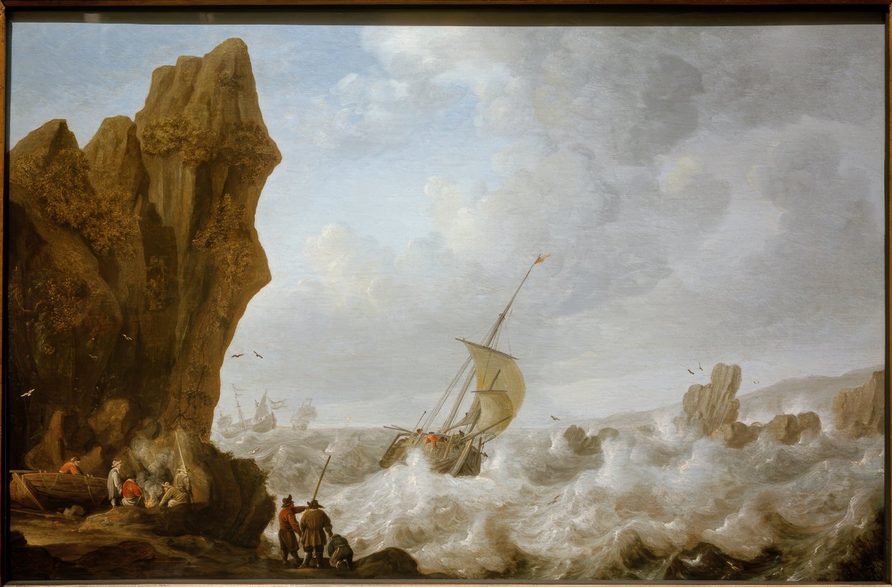 Bateau de pêche en mer agitée devant une côte rocheuse - Julius Porcellis