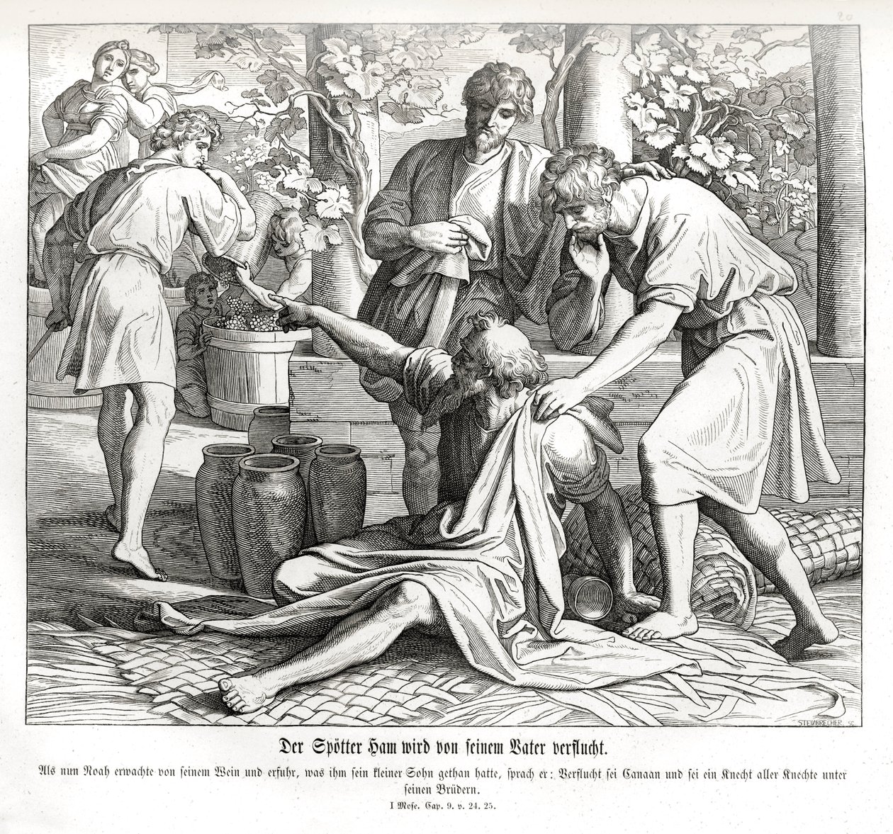 Cham voit la nudité de son père, Genèse - Julius Schnorr von Carolsfeld