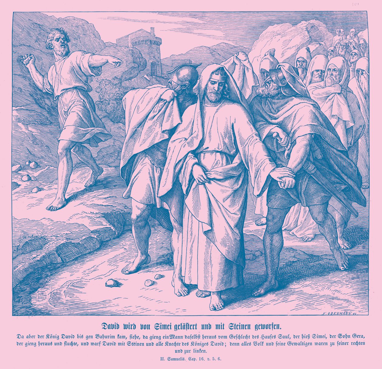 Shimei maudit et jette des pierres sur David, 2 Samuel - Julius Schnorr von Carolsfeld