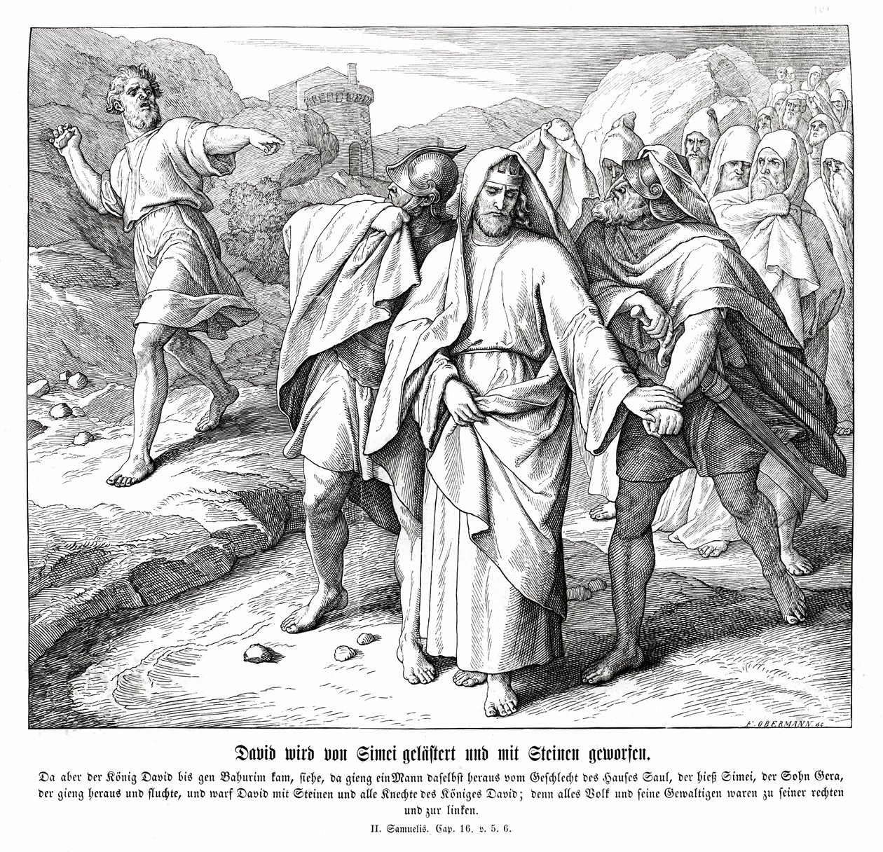 Shimei maudit et jette des pierres à David, 2 Samuel - Julius Schnorr von Carolsfeld