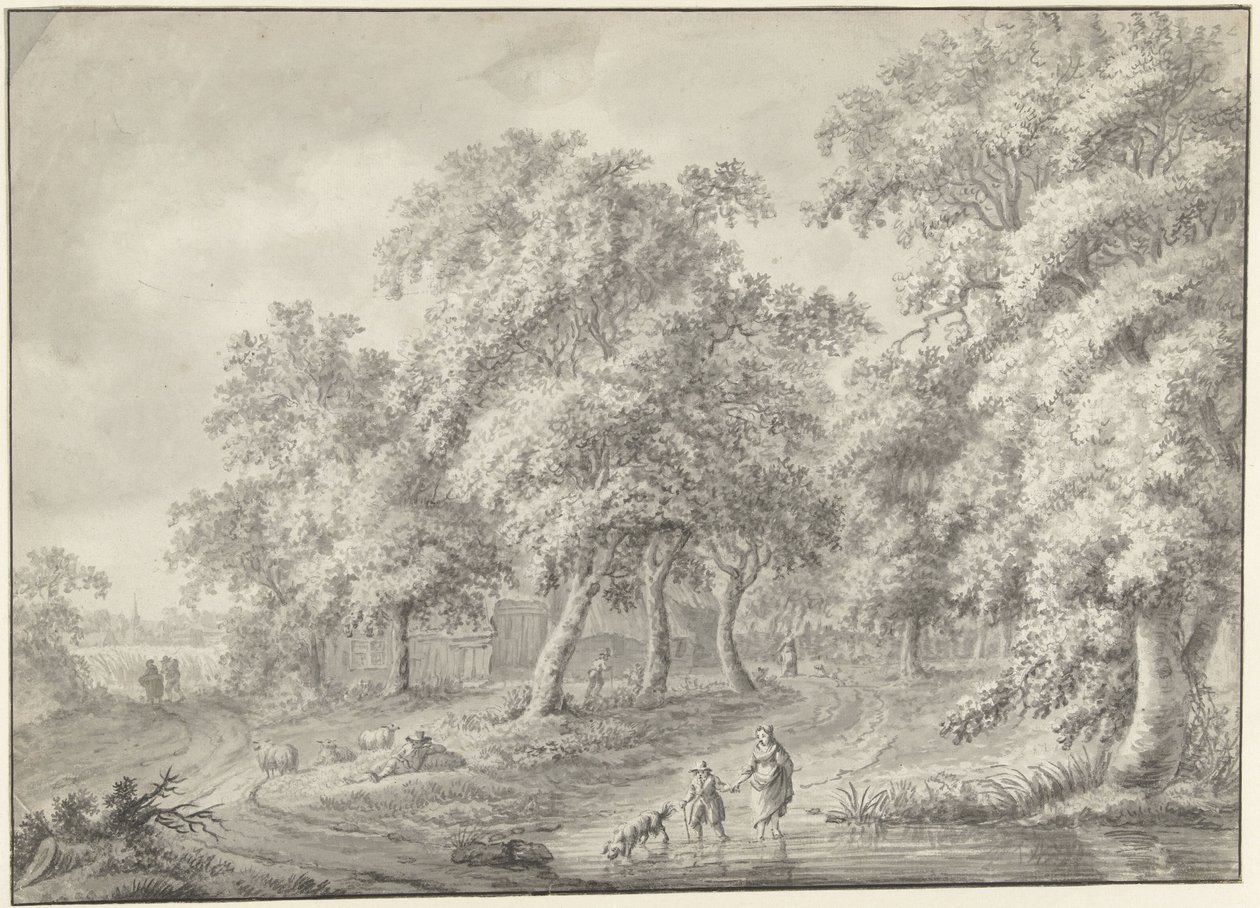 Paysage avec mère et enfant traversant une mare avec un chien - Jurriaan Andriessen (possibly)