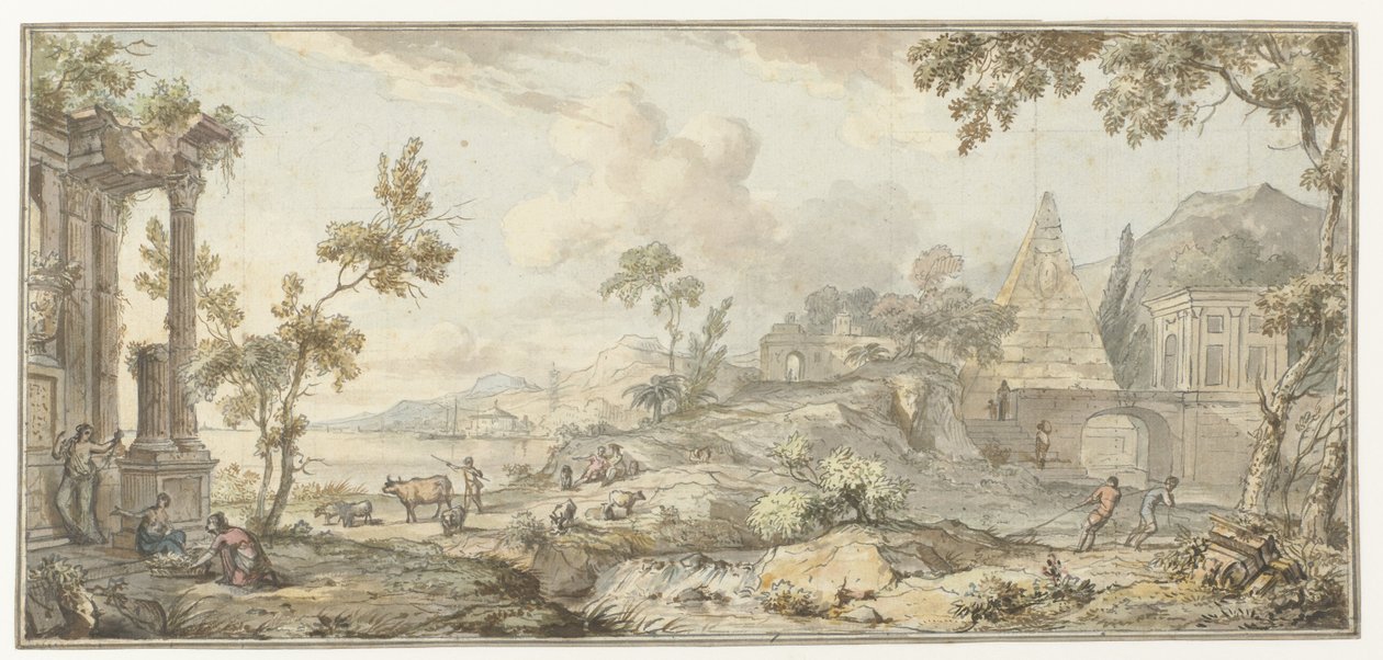Projet pour une peinture murale avec paysage côtier du sud et pyramide - Jurriaan Andriessen