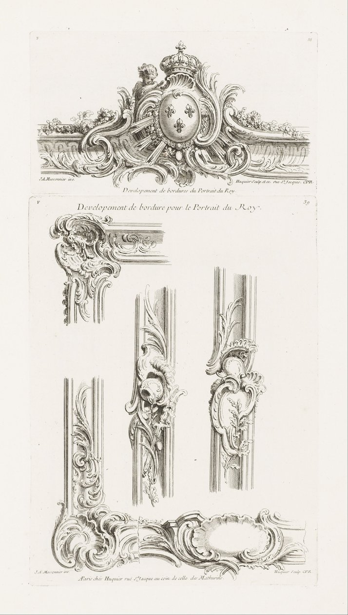 Conception de cartouche avec les armes du roi centrées dans une bordure - Juste Aurèle Meissonnier