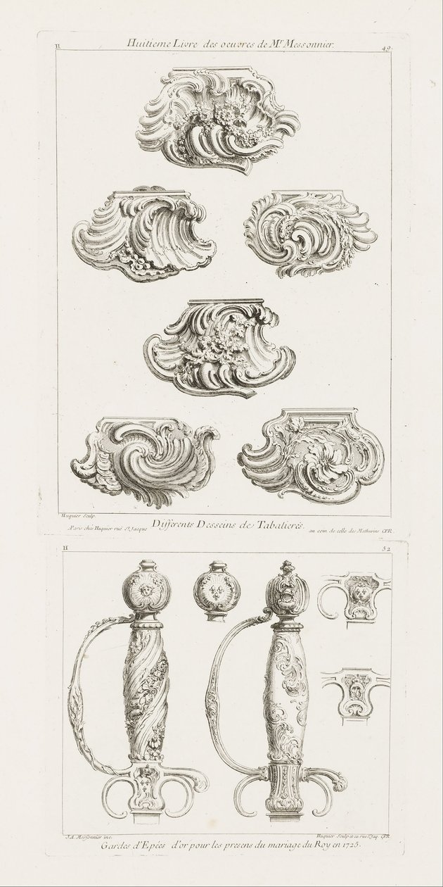 Différents desseins de tabatières, première planche, p. 49 dans Oeuvre - Juste Aurèle Meissonnier