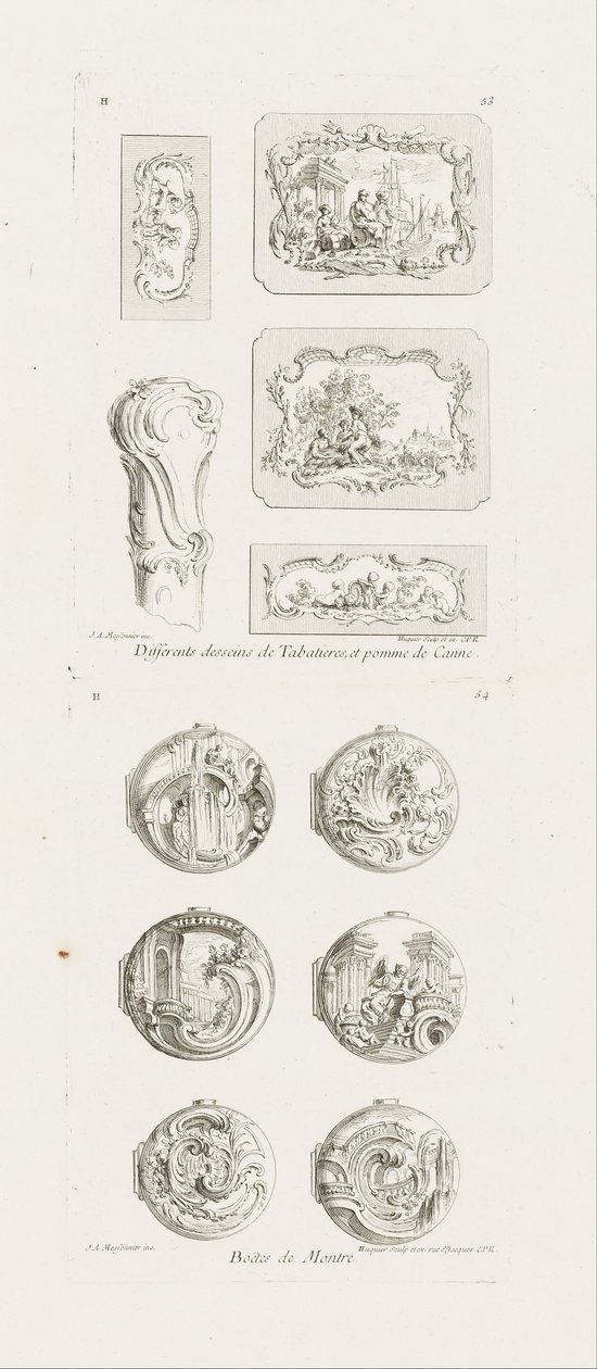 Différents desseins de tabatières et pomme de canne, cinquième planche, pl. 53 dans Oeuvre de Juste-Aurèle Meissonnier - Juste Aurèle Meissonnier