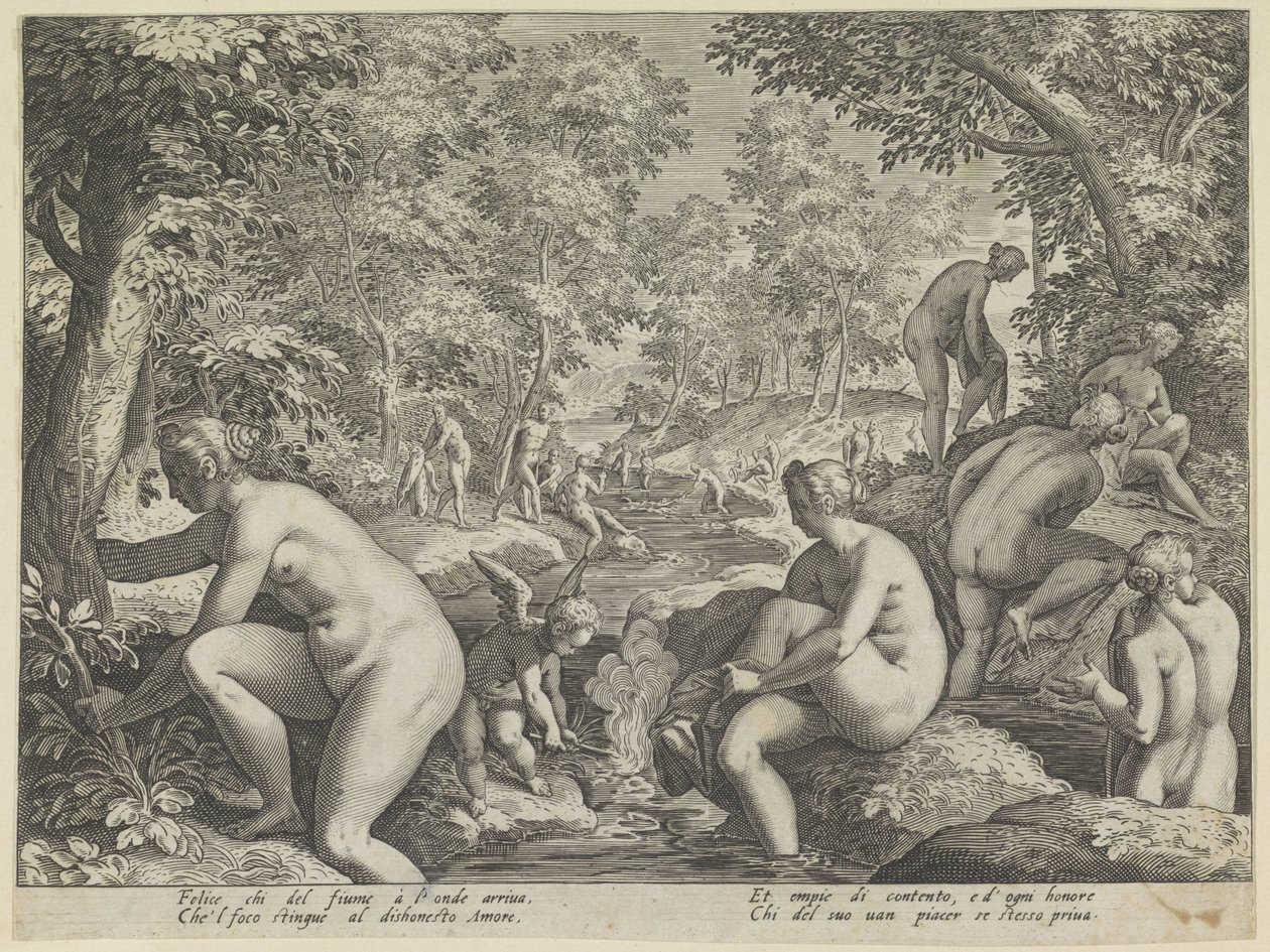 Badende vrouwen en mannen Amore Letheo (Verschillende aspecten van de liefde) - Justus Sadeler (attributed to)