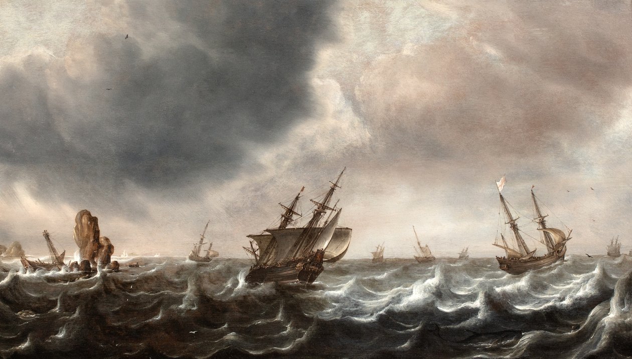 Navires dans une mer agitée avec une baleine au premier plan - Justus de Verwer