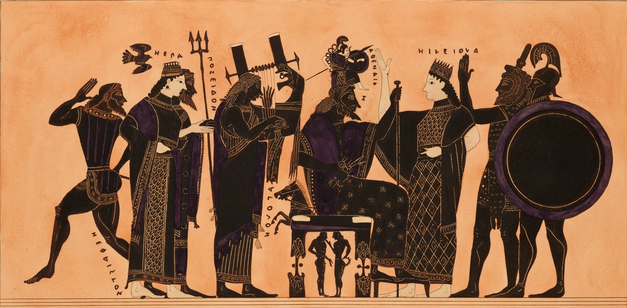 Décoration sur une amphore grecque, montrant Héphaïstos, Héra, Poséidon... - Kaeppelin et Compagnie