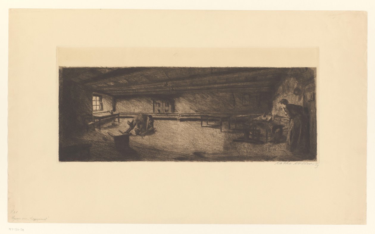 Chambre avec des hommes se battant et une femme accourant (Szene aus Germinal) - Käthe Kollwitz