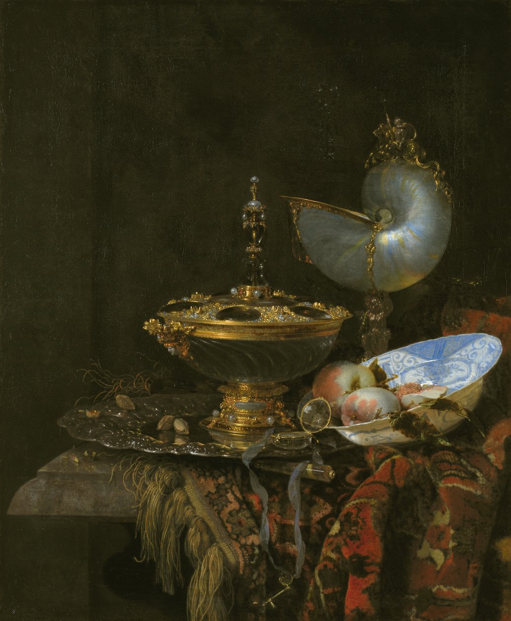 Nature morte avec bol Holbein, coupe Nautilus, gobelet en verre et plat de fruits - Kalf