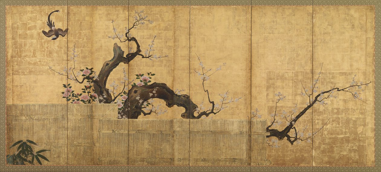 Prunier en fleurs et camélia dans un paysage de jardin, période Edo, fin 16e-début 17e siècle - Kano Koi
