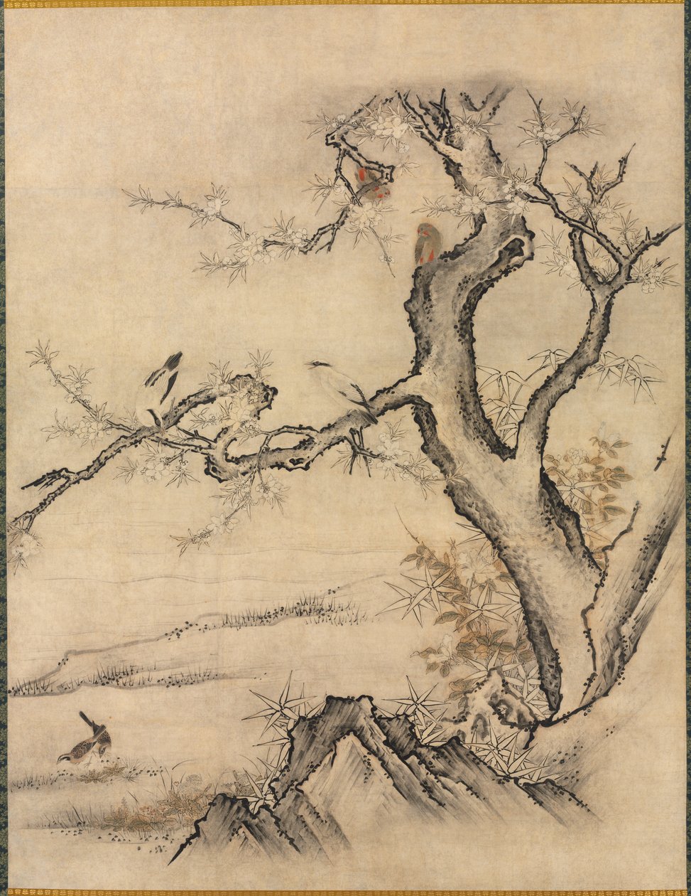 Fleurs et oiseaux dans un paysage printanier, 1500s - Kano Motonobu