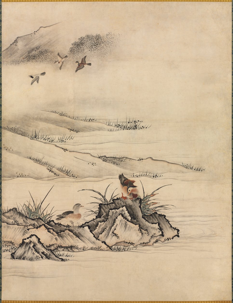 Fleurs et oiseaux dans un paysage printanier - Kano Motonobu
