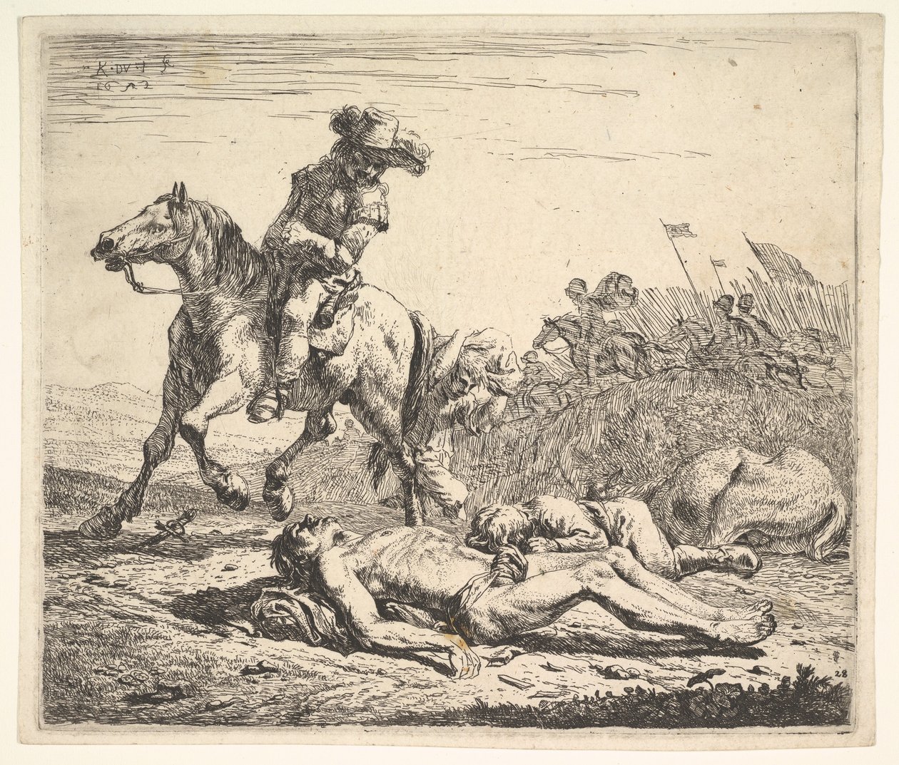 Champ de bataille avec cavalier regardant par-dessus son épaule gauche vers un cadavre dépouillé - Karel Du Jardin