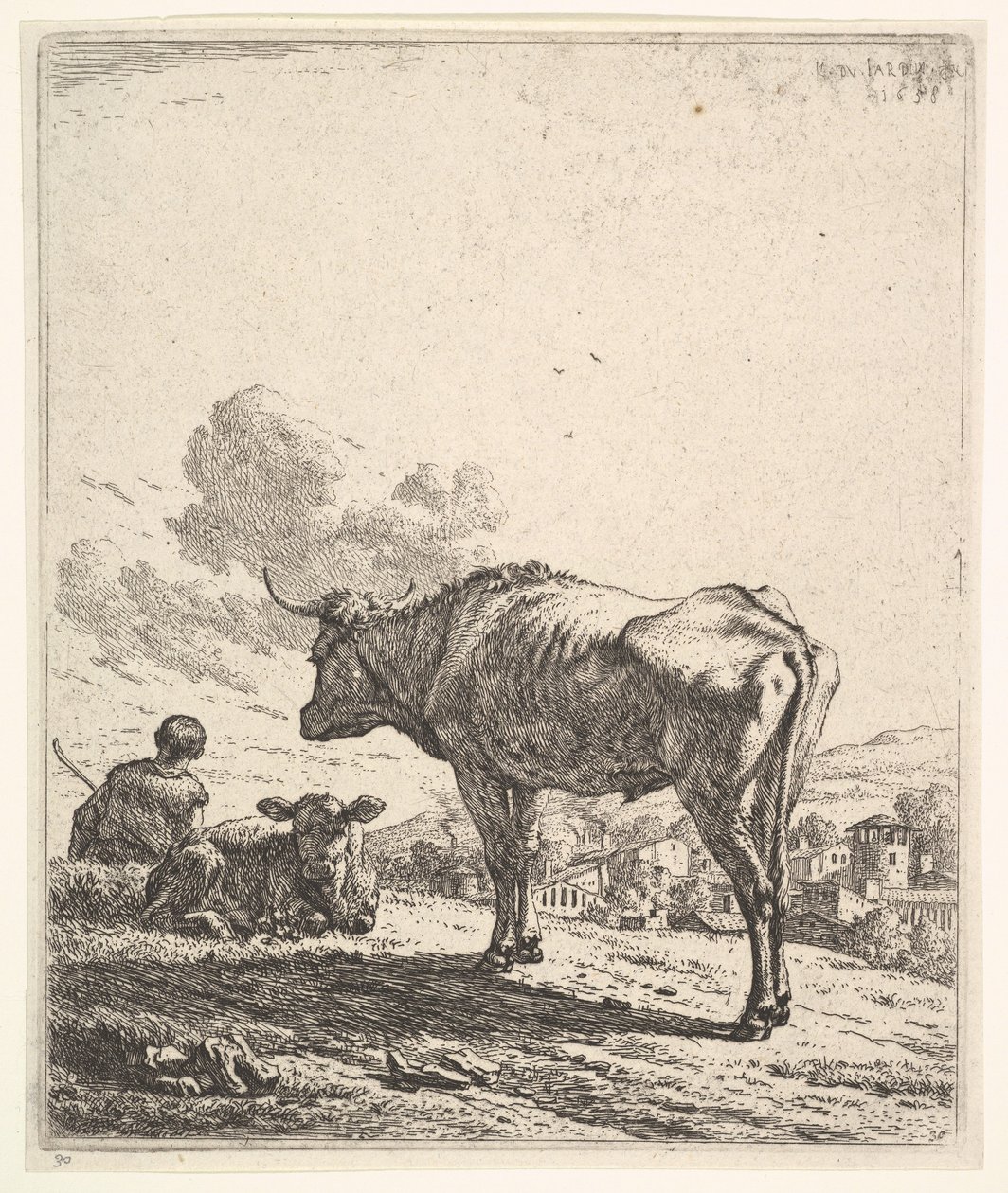 Vacher avec vache et veau sur une colline, le vacher vu de dos et assis - Karel Du Jardin