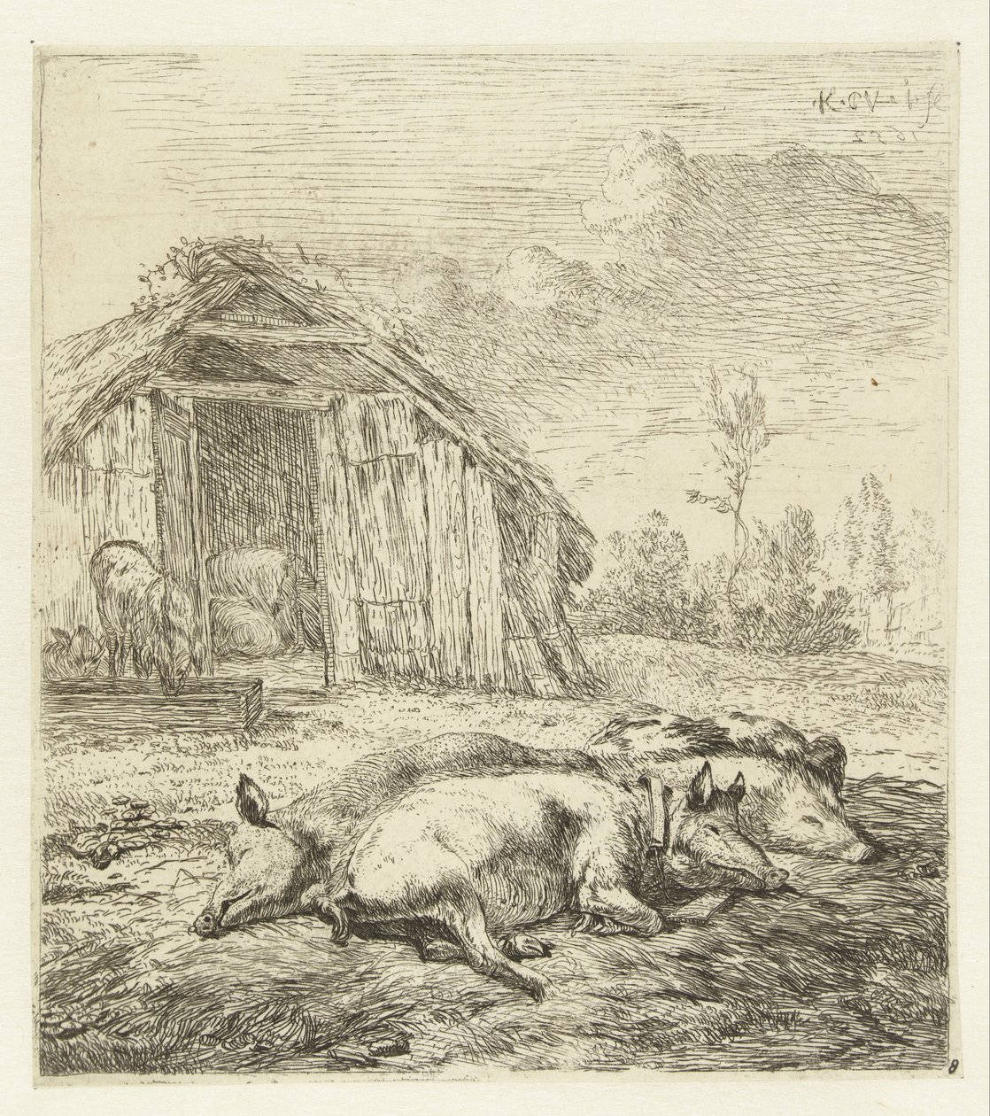 Trois cochons devant une cabane (Animaux) - Karel Du Jardin