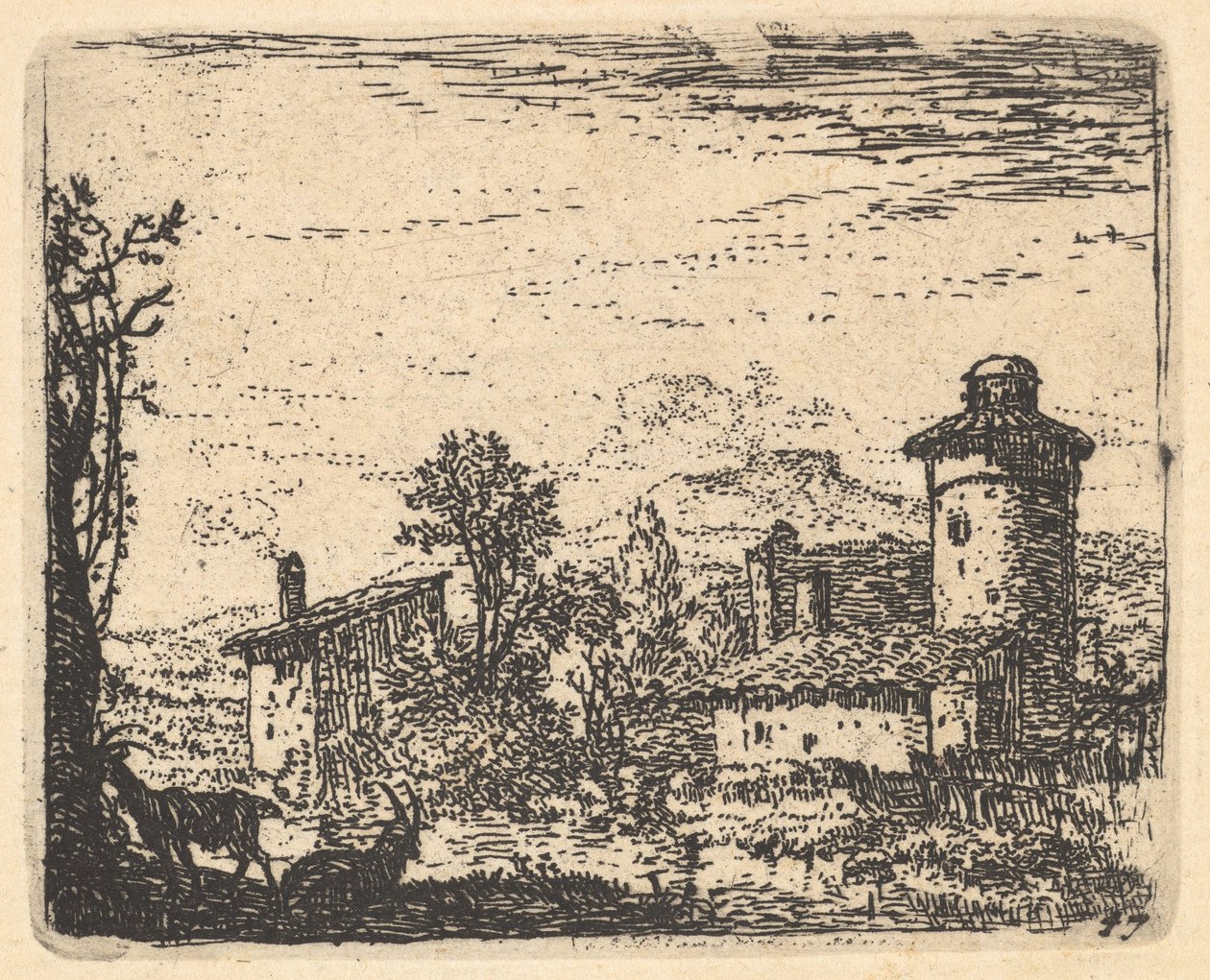Paysage avec deux chèvres cornues à l