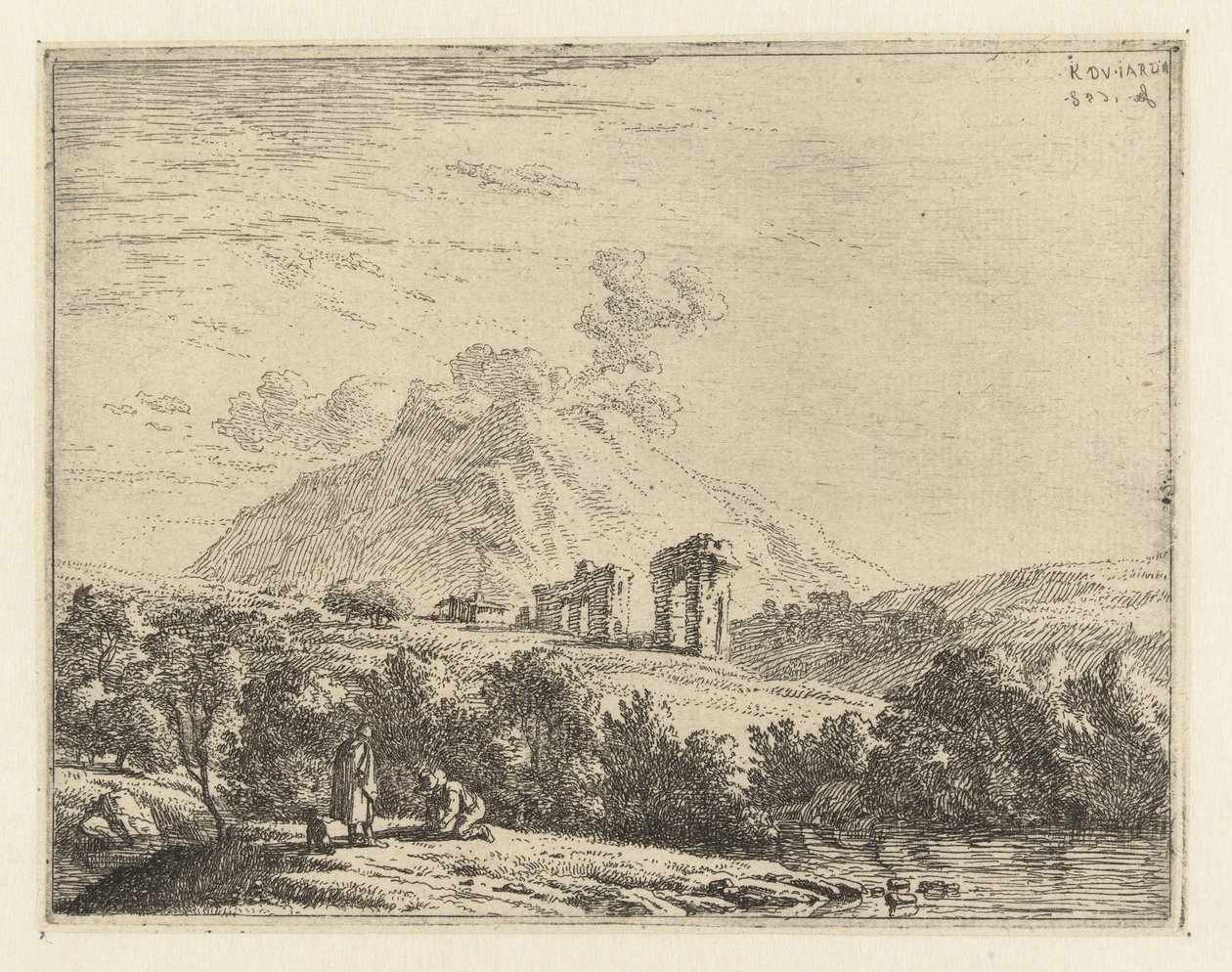 Paysage avec ruine et deux hommes avec un chien - Karel Du Jardin
