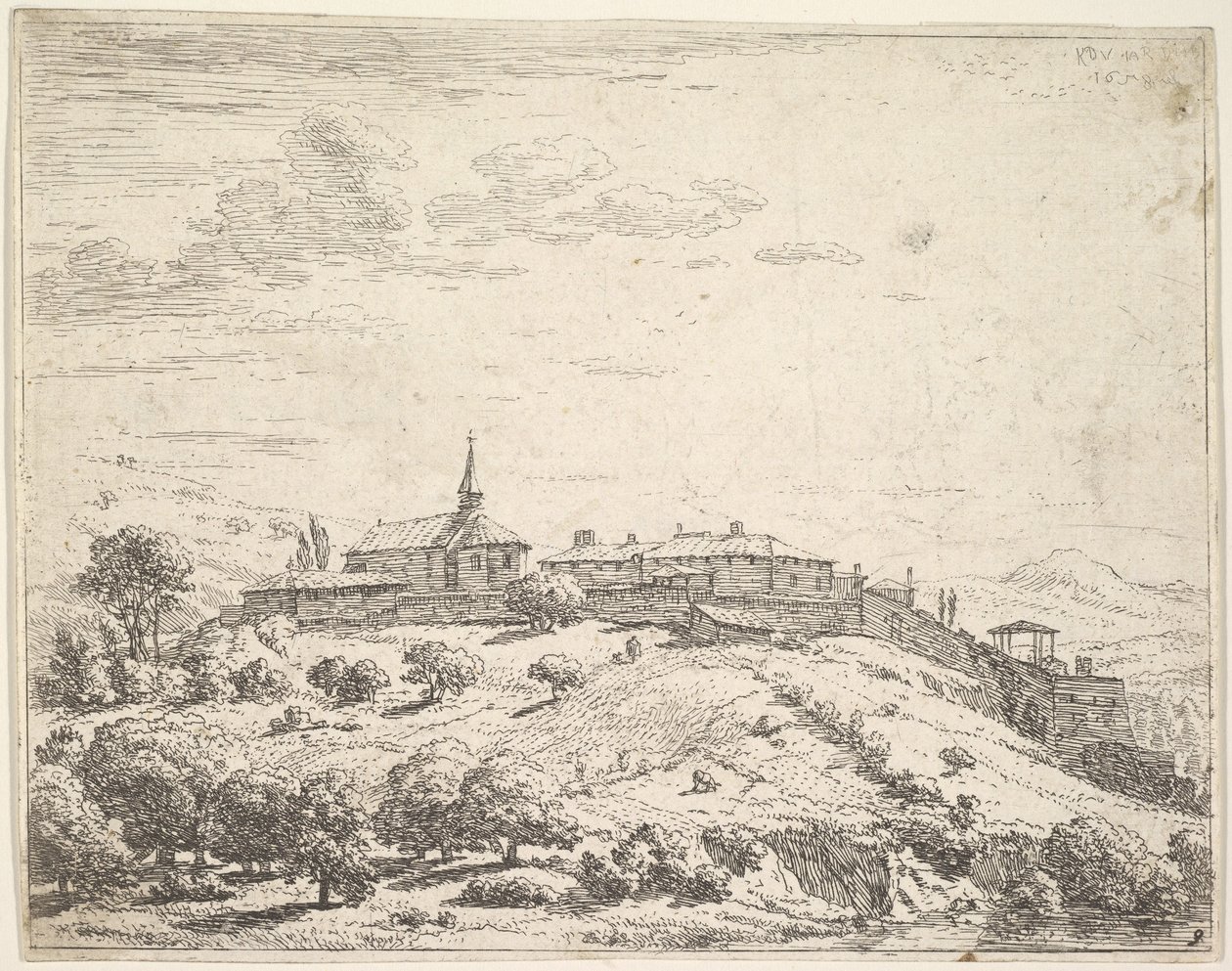 Village fortifié sur une colline, avec une église à gauche et des bâtiments construits sur la pente..., 1658 - Karel Du Jardin