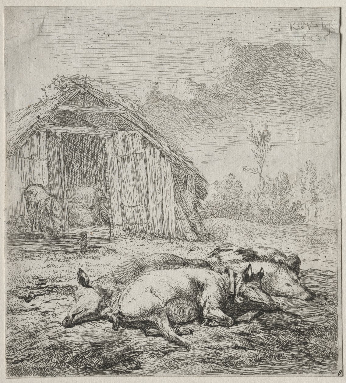 Trois porcs allongés devant une porcherie - Karel Dujardin