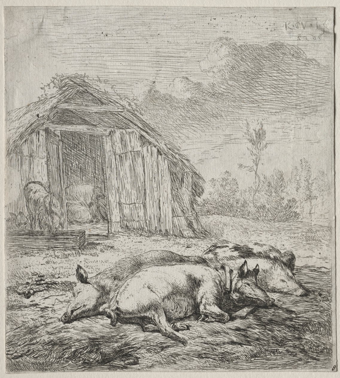 Trois porcs couchés devant une porcherie - Karel Dujardin