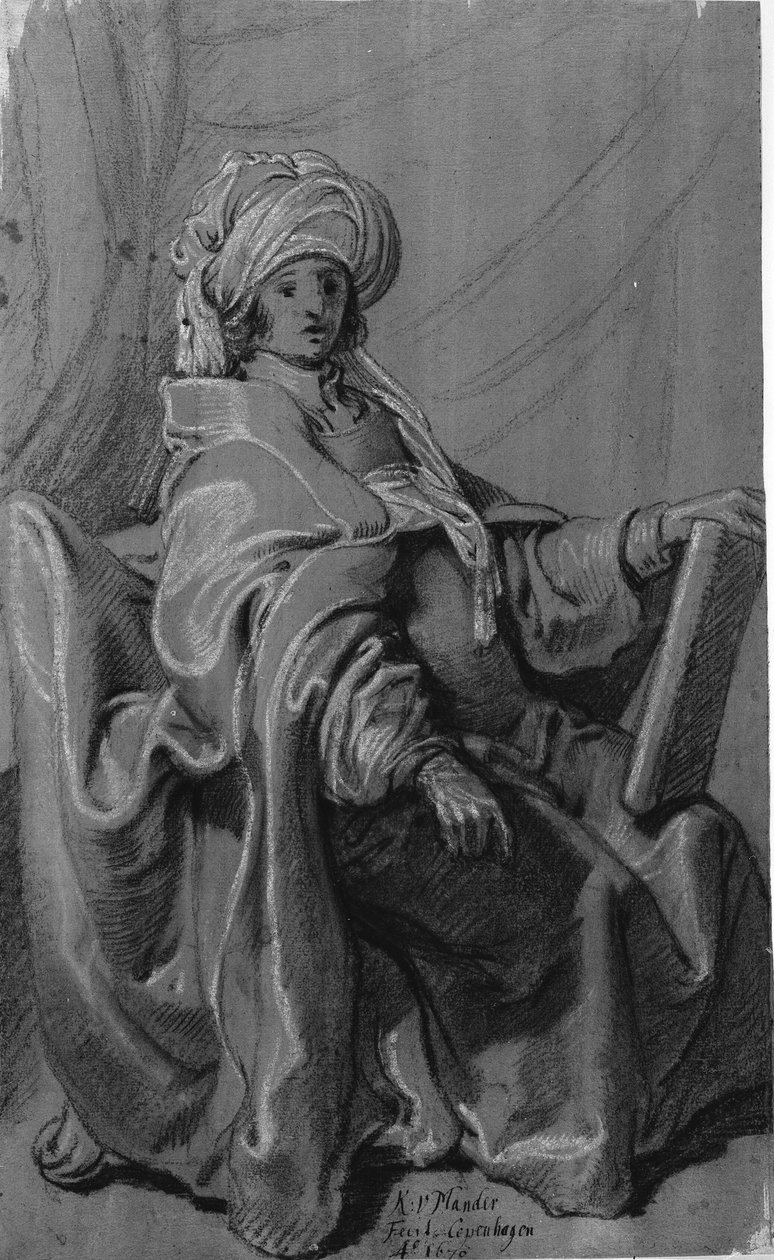 Figure assise en cape et turban, tenant un livre. Tournée vers la droite. - Karel van III Mander