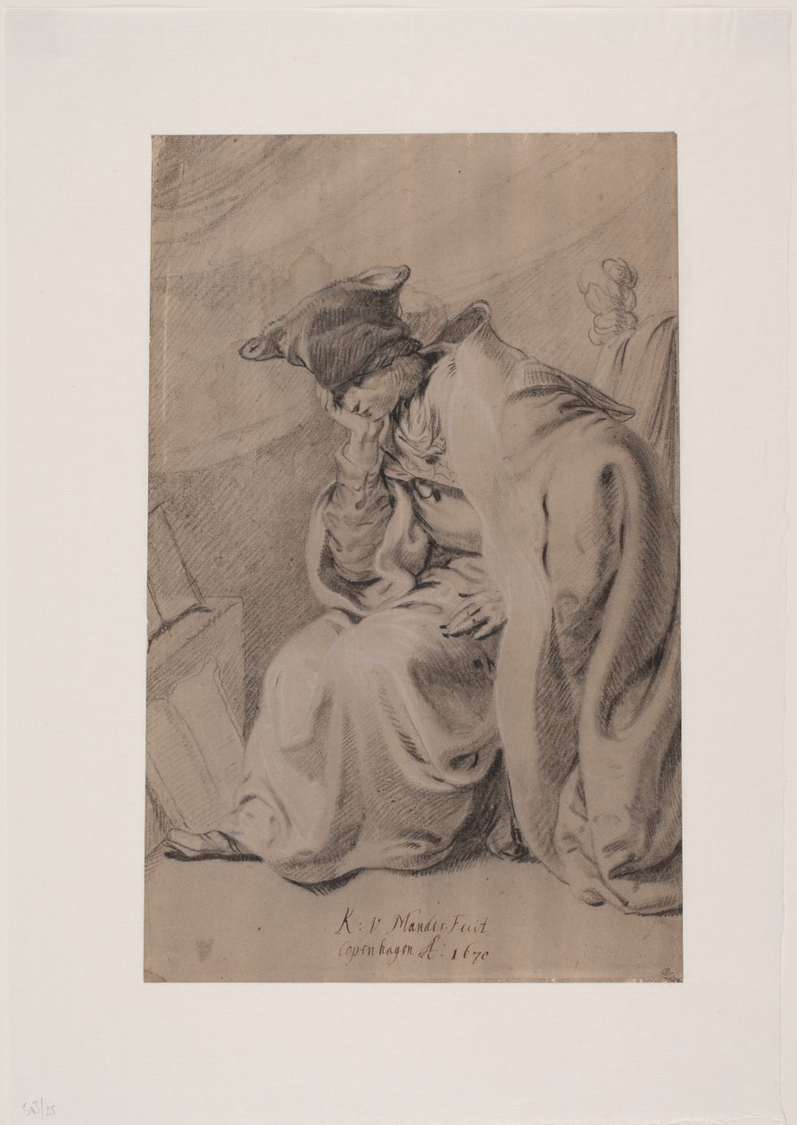 Jeune homme pensif assis avec la main sous la joue. Cape et bonnet de fourrure - Karel van III Mander