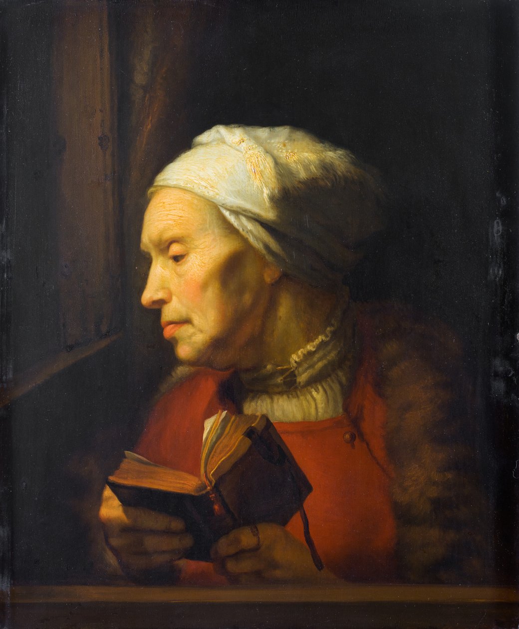 Portrait de vieille femme, tenant un livre ouvert - Karel van der Pluym