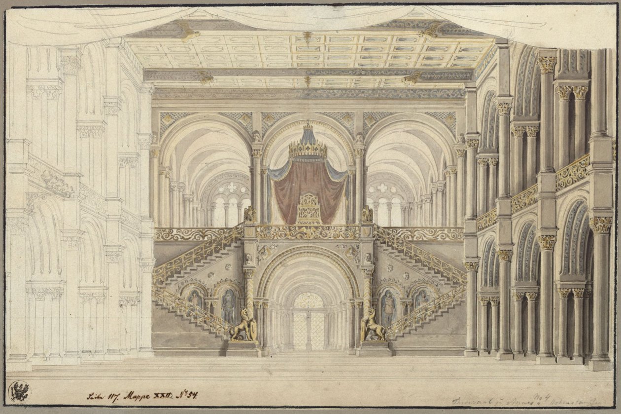 Agnes von Hohenstaufen. Opéra de Gaspare Spontini. Esquisse du 3e décor. Salle du trône - Karl Friedrich Schinkel