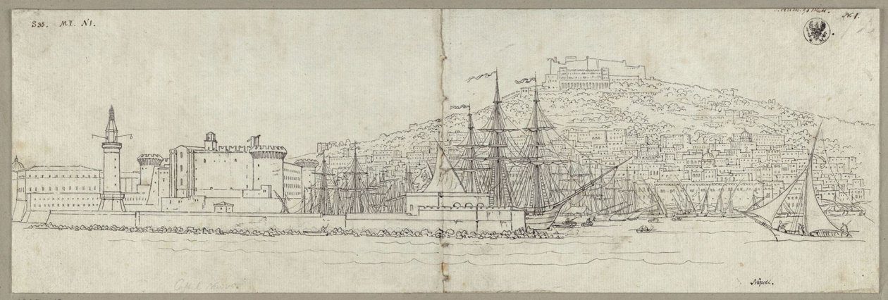 Vue de Naples avec le port, le Castel Nuovo, le phare et le Castel Sant