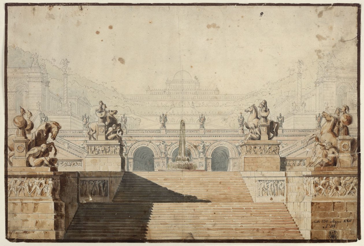 Armida. Opéra de Christoph Willibald Gluck. Projet pour le 1er décor. Palais avec ensemble d