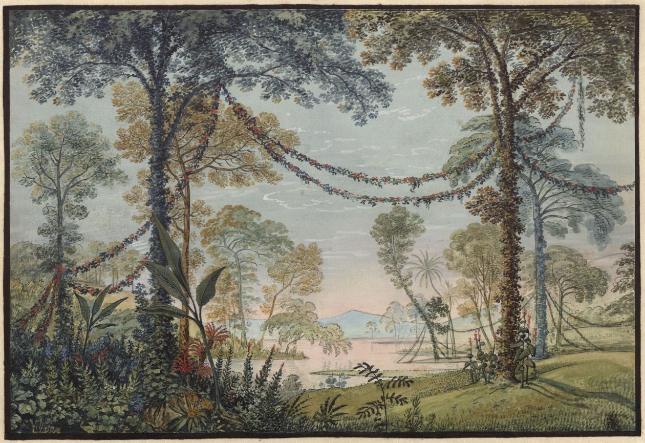 Armida. Opéra de Christoph Willibald Gluck. Esquisse du 3e décor. Bosquet orné de guirlandes au bord du lac - Karl Friedrich Schinkel